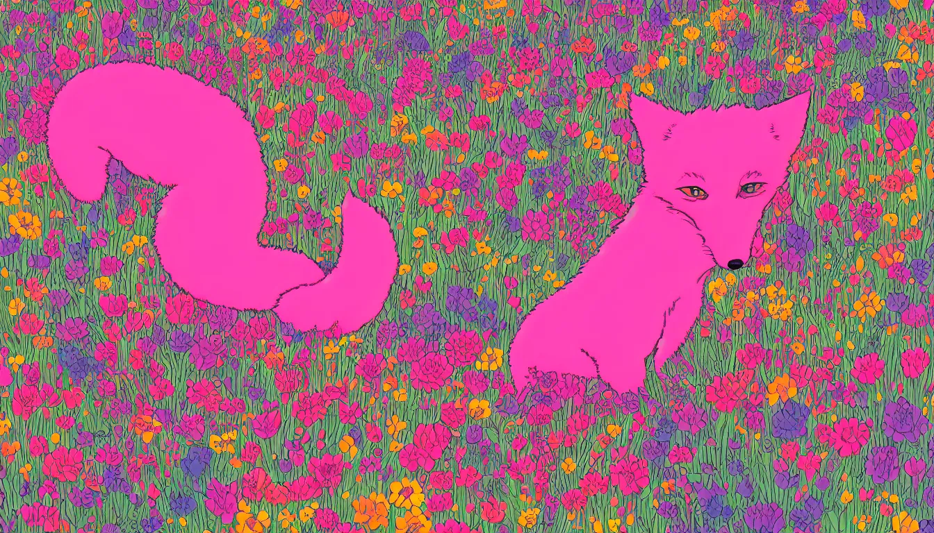 Image similar to pink fox head popping out of a field of multi colored flowers by kilian eng