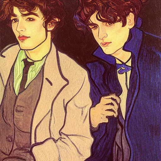 Image similar to painting of young cute handsome beautiful dark medium wavy hair man in his 2 0 s named shadow taehyung and cute handsome beautiful min - jun together at the halloween party, bubbling cauldron, candles, smoke, tarot, autumn colors, elegant, stylized, soft facial features, delicate facial features, art by alphonse mucha, vincent van gogh, egon schiele