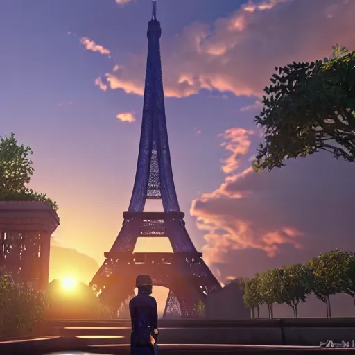 Prompt: a 3 d render of jotaro kujo next to the eiffel tower, hyper - detailed, unreal engine 5, beautiful, the sun is rising, ultra - realistic