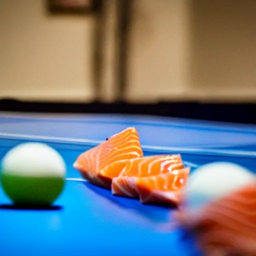 Image similar to raw salmon playing ping - pong, photograph, action shot