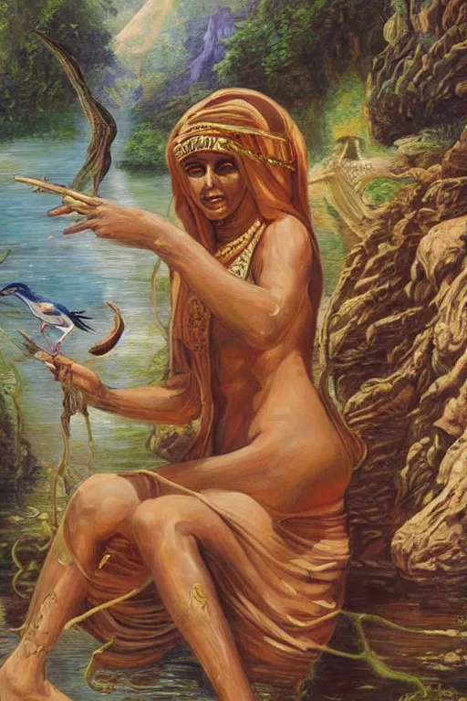 Image similar to painting of Egyptian Mother Nature in a lake, inspired by Gustav Moreau and Wayne Barlowe, exquisite detail, hyper realism, ornate, exquisite detail, cute face