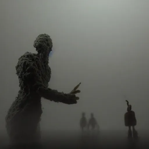 Prompt: the biological war, surrealistic detailed claymation art, dark, moody, foggy