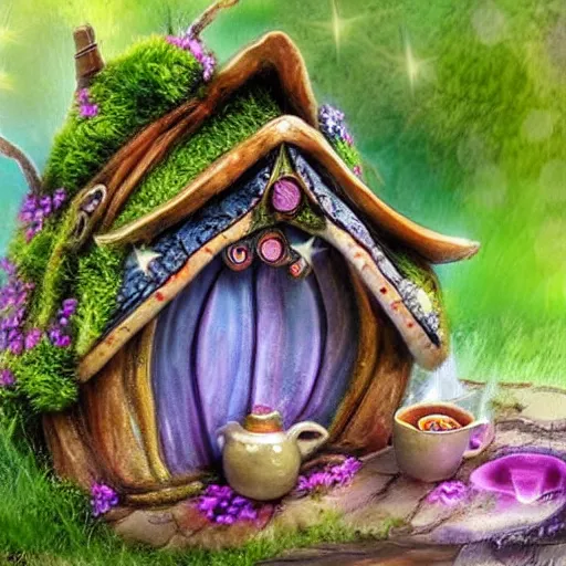 Image similar to cute fantasy fairy house, tea cup, by tonia tkach