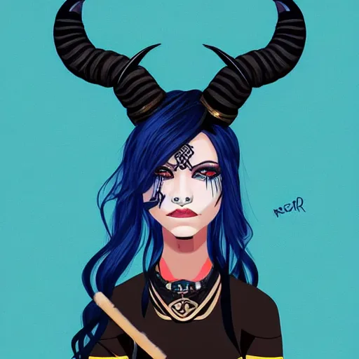 Image similar to illustrated portrait of ram-horned devil woman with blue bob hairstyle and hex #FFA500 colored skin and with solid black eyes wearing leather by rossdraws