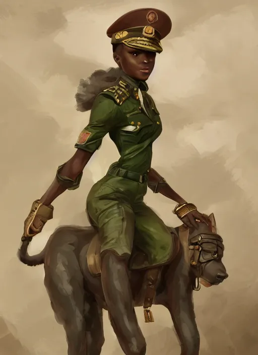 Image similar to a highly detailed illustration of cute african girl wearing military uniform and green officer cap riding!!! on giant dog!!!, dramatic standing pose, perfect face, intricate, elegant, highly detailed, centered, digital painting, artstation, concept art, smooth, sharp focus, league of legends concept art, wlop