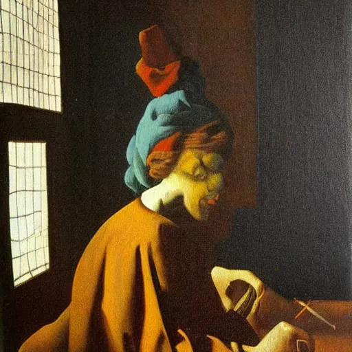 Prompt: Oil painting The Ghost of Vermeer of Delft Which Can Be Used As a Table by Salvador Dali