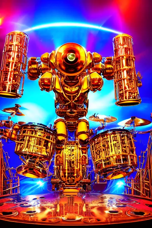 Prompt: portrait photo of a giant huge golden and blue metal humanoid steampunk robot drummer covered with multicolored big gears and tubes, a huge red drumset, eyes are glowing red lightbulbs, shiny crisp finish, 3 d render, 8 k, insaneley detailed, fluorescent colors, background is multicolored lasershow