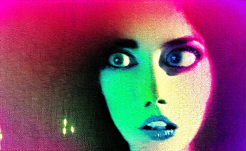 Prompt: vhs glitch art portrait of a frightened woman hidden underneath a sheet, lost in static, metaphysical foggy environment, static colorful noise glitch volumetric light, by bekinski, unsettling moody vibe, vcr tape, 1 9 8 0 s analog video, vaporwave aesthetic, directed by david lynch, colorful static, datamoshed, pixeled stretching