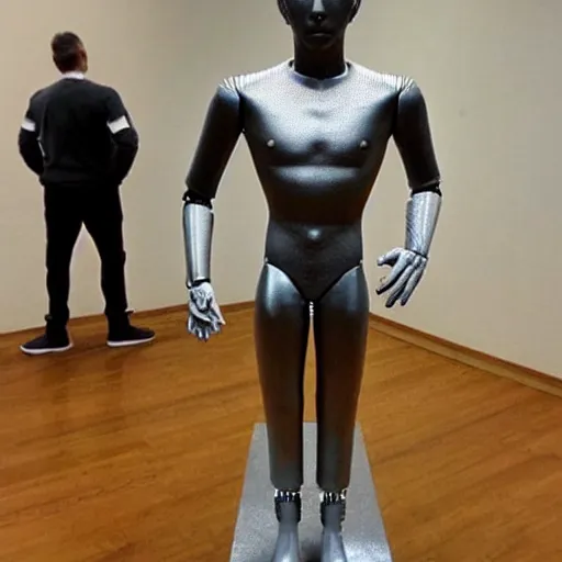 Image similar to “a realistic detailed photo of a guy who is an attractive humanoid who is half robot and half humanoid, who is a male android, Oklahoma Stare University college wrestler Daton Fix, shiny skin, posing like a statue, blank stare, at the museum, on display”