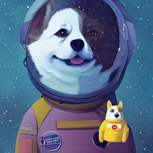 Prompt: corgi in a spacesuit, smiling, happy, cute, digital painting by simon stalenhag