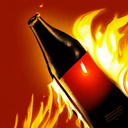 Prompt: closeup shot of a bottle with fire coming out, detailed digital illustration by greg rutkowski