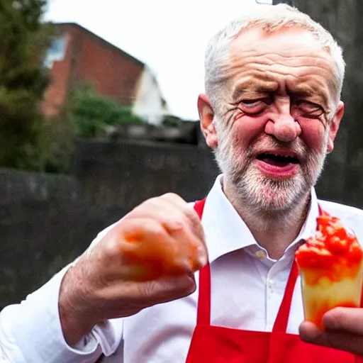 Image similar to jeremy corbyn with a crazed look on his face with one hand filled with ketchup and one hand filled with cheese