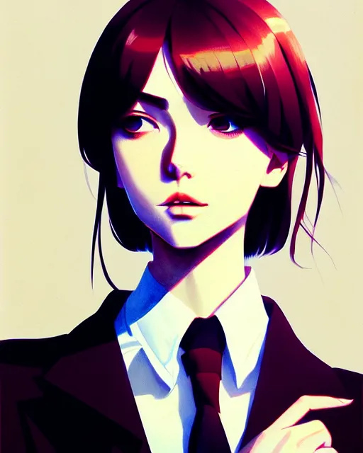 Image similar to a ultradetailed beautiful portrait panting of a stylish woman wearing a shirt with a tie, by ilya kuvshinov, greg rutkowski and makoto shinkai, trending on artstation