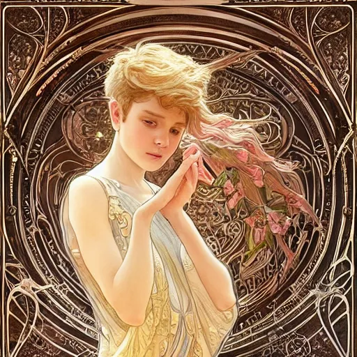 Image similar to an angelic boy, highly detailed, very intricate, art nouveau, gold filigree, romantic storybook fantasy, soft cinematic lighting, award winning, disney concept art watercolor illustration by mandy jurgens and alphonse mucha and alena aenami, pastel color palette, featured on artstation