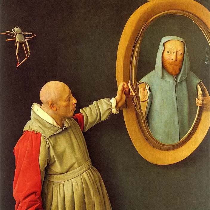 Image similar to blue crab man touching mirror. painting by jan van eyck