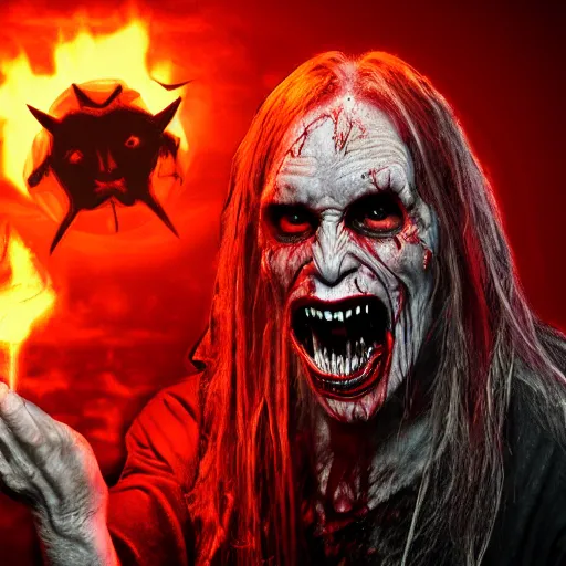 Image similar to a demonic Bill Moseley summoning a hellgod, realistic photo render by the hidden master