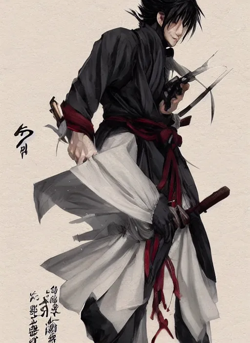 Prompt: white haired parted through middle young japanese man wearing hakama, black sclera, art by artgerm and greg rutkowski and magali villeneuve, handsome, portrait, muscular, highly detailed, digital painting, trending on artstation, concept art, sharp focus, illustration