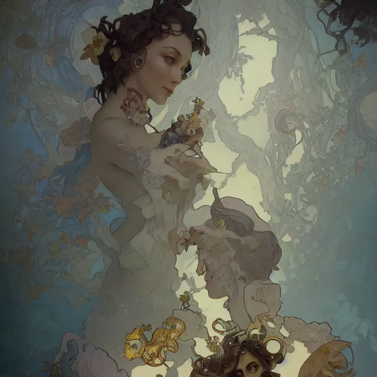 Image similar to opening pandora's box, concept art, nostalgic melancholic artwork, by Peter Mohrbacher and Alphonse Mucha, detailed, style, 8k, trending on artstation, unreal engine 4k, detailed, clean background trending, full shot, symmetrical portrait, sophisticated, Unreal engine, dystopia, anti-utopia, post processing, psychadelic