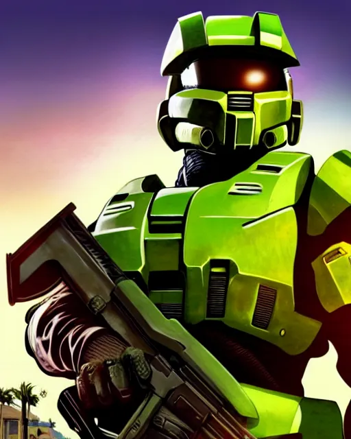 Image similar to Masterchief from Halo in GTA V, Cover art by Stephen Bliss, boxart, loading screen,