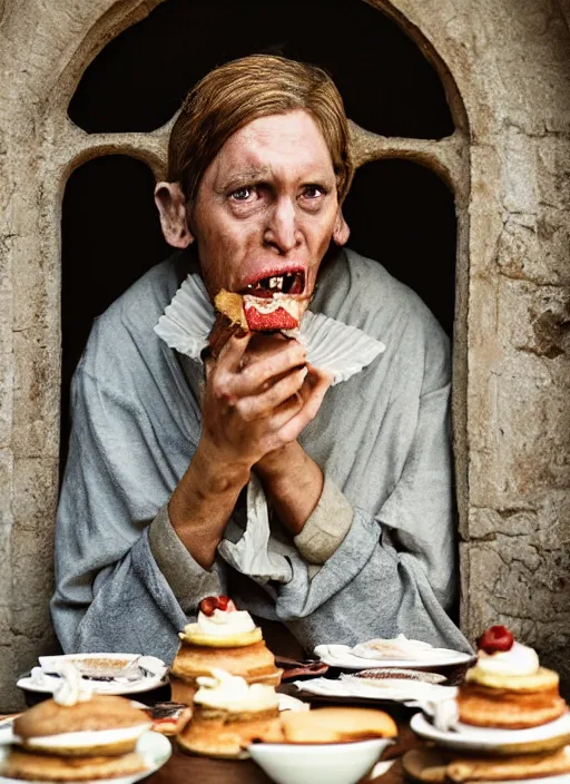 Image similar to closeup portrait of a medieval goblin eating cakes in the cloisters, depth of field, zeiss lens, detailed, symmetrical, centered, fashion photoshoot, by Annie Leibovitz and Steve McCurry, David Lazar, Jimmy Nelsson, Breathtaking, 8k resolution, extremely detailed, beautiful, establishing shot, artistic, hyperrealistic, beautiful face, octane render