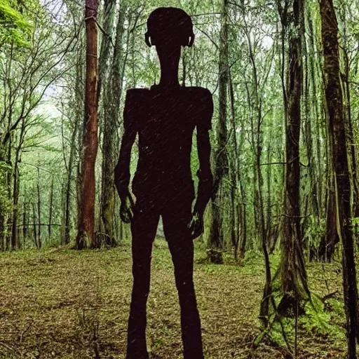 Prompt: tall creepy man on the woods, found footage