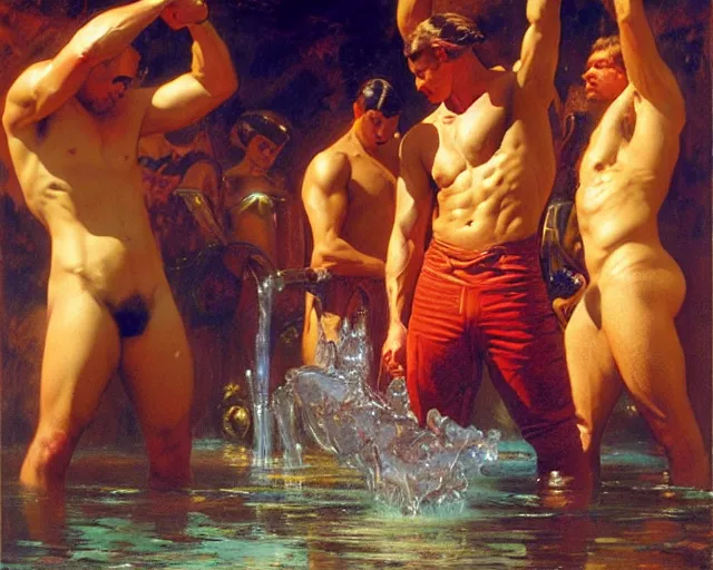 Image similar to muscular magician man, casting water magic. highly detailed glossy matte oil painting by gaston bussiere, craig mullins, j. c. leyendecker, tom of finland