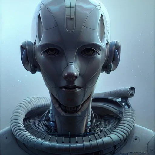 Image similar to detailed concept art portrait of a high - tech humanoid robot on a depth of field background, artstation, award - winning realistic sci - fi concept art by jim burns and greg rutkowski, beksinski, a realism masterpiece, expressive color palette, james gilleard, bruegel, alphonse mucha, and yoshitaka amano