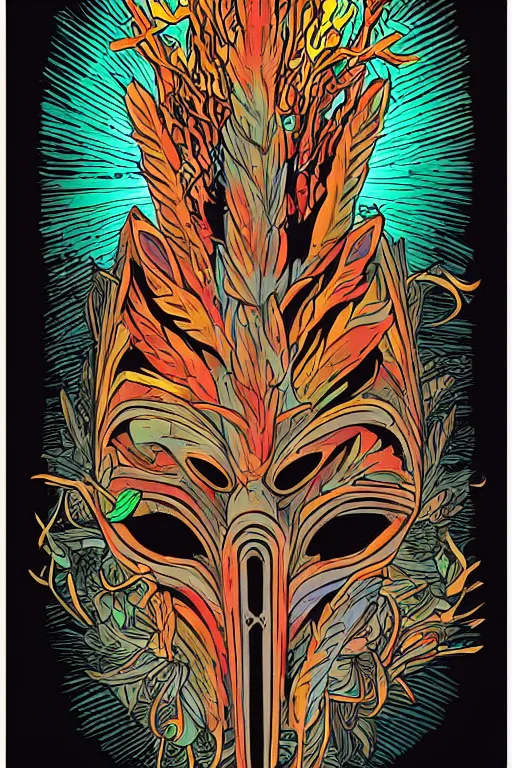 Image similar to animal mask totem roots flower tribal feather gemstone plant wood rock shaman vodoo video game vector cutout illustration vivid multicolor borderlands comics by josan gonzales and dan mumford radiating a glowing aura