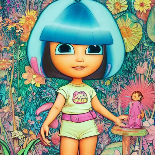 Image similar to dora the explorer as real girl in happy pose, detailed, intricate complex background, Pop Surrealism lowbrow art style, muted pastel colors, soft lighting, by Yosuke Ueno and Mucha,Contemporary Art Blog Magazine Alt Pop Surrealism Lowbrow Photography Sculpture Illustration Painting Surreal Fashion, artstation cgsociety