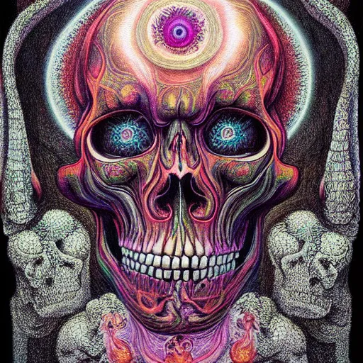 Prompt: demon skull, infinite consciousness, sacred trascendence, style of Amanda Sage, style of Alex Grey, style of Ernst Fuchs