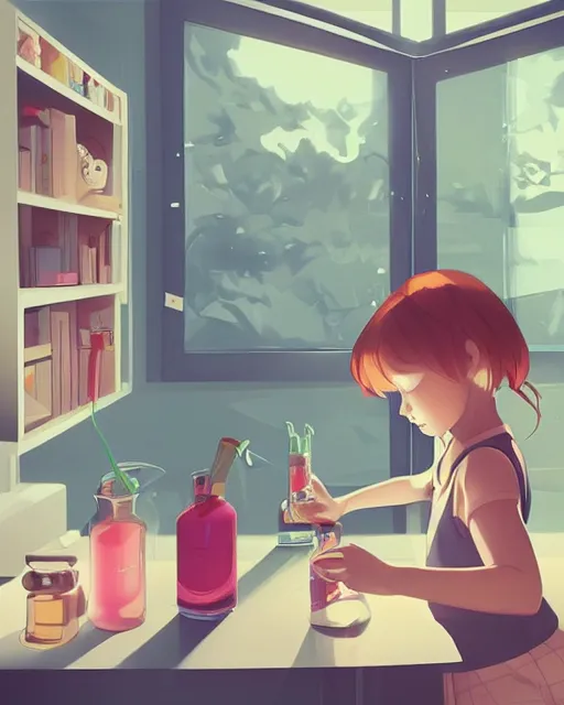 Image similar to a little girl is doing a science experiment. clean cel shaded vector art. minimalist illustration art by lois van baarle, artgerm, helen huang by makoto shinkai and ilya kuvshinov, rossdraws