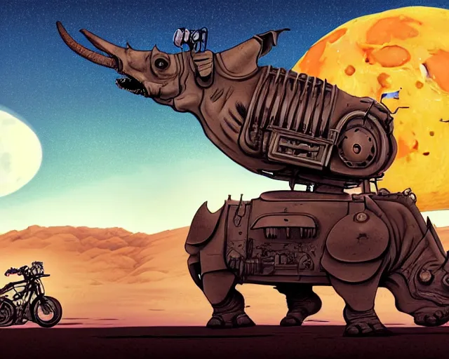 Image similar to a cell shaded cartoon of a lovecraftian mechanized rhino on a desert road, in front of a big moon illustration, wide shot, subtle colors, post grunge, studio ghibli, david rubin, mike mignola, laurie greasley, highly detailed, sharp focus, trending on artstation, hq, deviantart, art by artgem