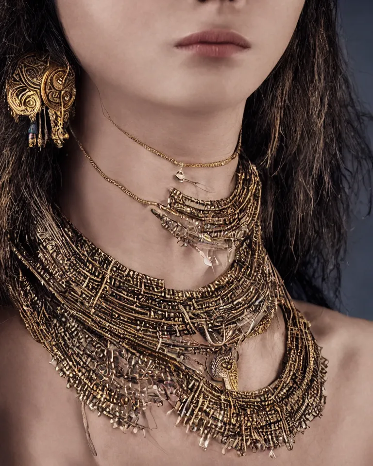 Prompt: super realistic portrait, skin detailed, of a beautiful model with a big tribal necklace in the neck, detail photo, minimal design, made of gold, sony, film camera, photography, digital art, balenciaga