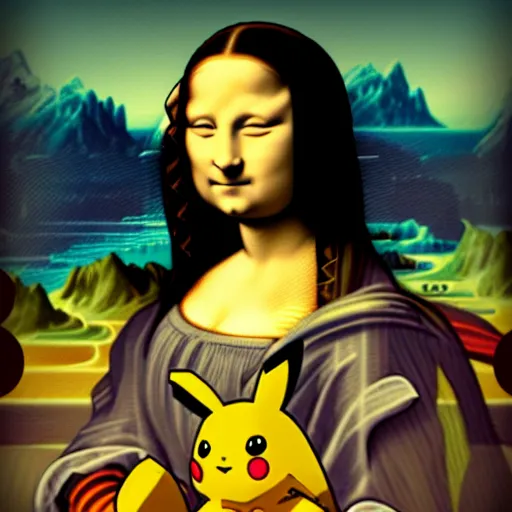 Prompt: Pikachu as the Mona lisa, cyper punk, dark background, instagram