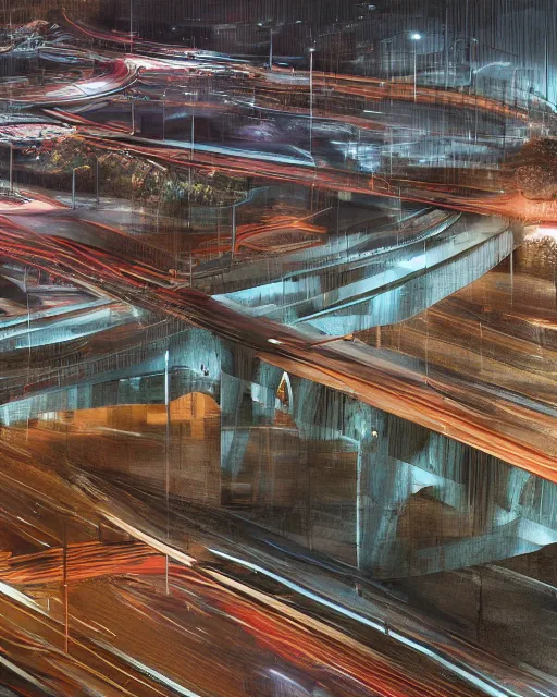 Image similar to freeway at night, light from traffic in the city beyond, unreal engine, hyperrealism, realistic shading, cinematic composition, realistic render, octane render, detailed textures, by liam wong and makoto shinkaismoothed : symmetrical fractal pattern, collection of cells, artwork for creative design, art and entertainment