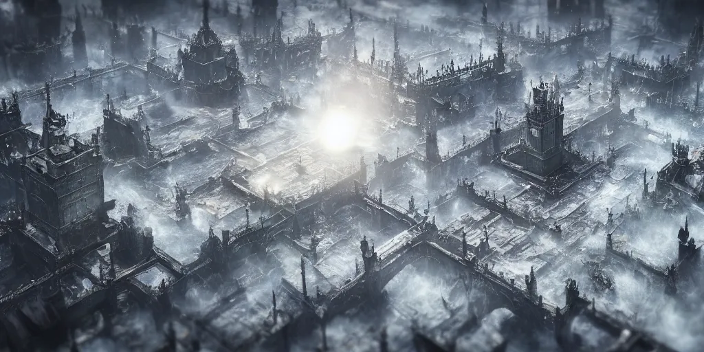 Image similar to Bloodborne tilt shift, prismatic, amazing, marble, clouds, sun, bioluminescent skin, ultra detailed