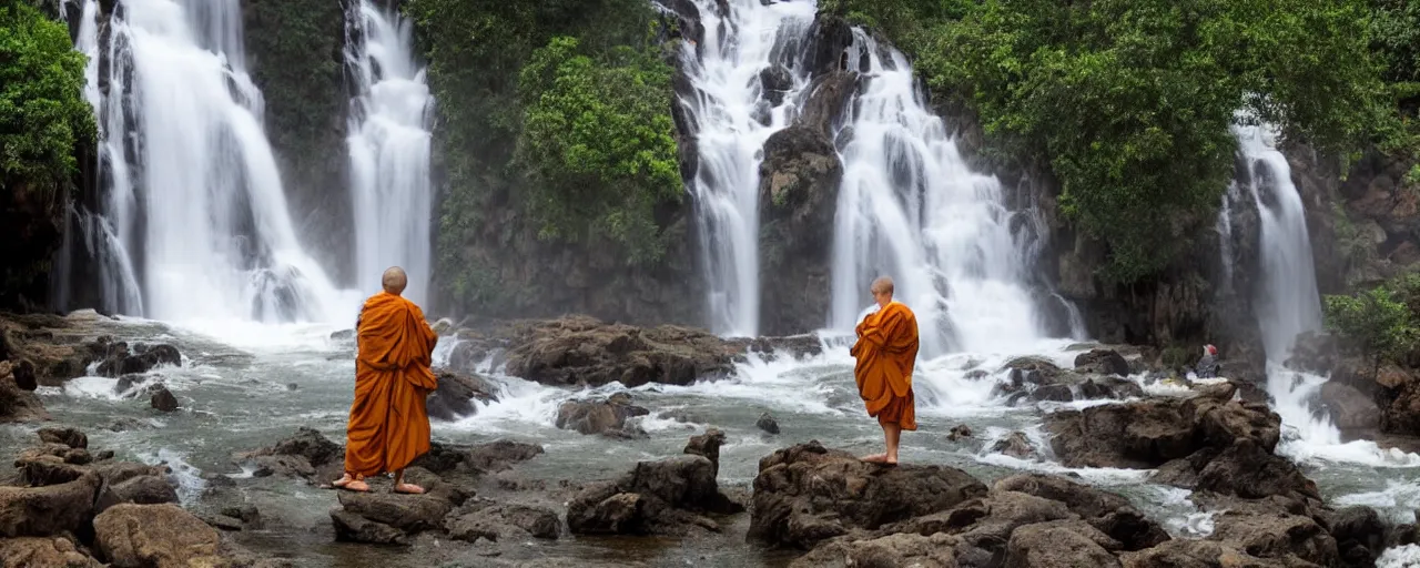 Prompt: a simply breathtaking shot of mediating monk at pongour falls in dalat, 7 layers waterfall, dang ngo