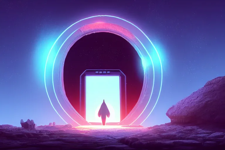 Image similar to a single distant fleshy glowing portal opens up in an otherwise dark and desolate landscape : retro, sci - fi, surrealism, vaporwave, concept art, 4 k, ultra hd, very detailed, digital art