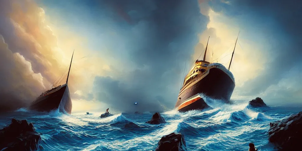 Prompt: the Titanic hitting an iceberg, extremely detailed oil painting, unreal 5 render, rhads, Bruce Pennington, Studio Ghibli, tim hildebrandt, digital art, 8K artistic photography, octane render, beautiful composition, trending on artstation, award-winning photograph, masterpiece