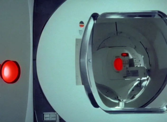 Prompt: film still of HAL from 2001 A Space Odyssey as a washing machine with a glowing red light inside it