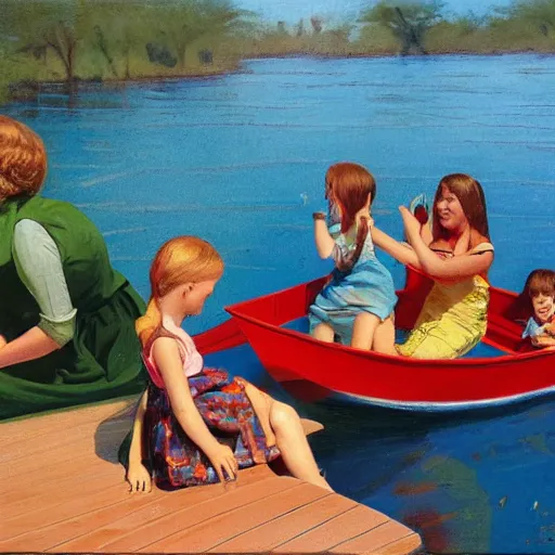 Image similar to The land art depicts a group of well-dressed women and children enjoying a leisurely boat ride on a calm day. The women are chatting and laughing while the children play with a toy boat in the foreground. alternate dimensions by Tibor Nagy, by Ken Kelly angular, doom