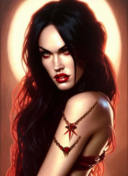 Image similar to portrait of megan fox as a vampire queen, jewelry, greek, ruby, intricate, headshot, highly detailed, digital painting, artstation, concept art, sharp focus, cinematic lighting, illustration, art by artgerm and greg rutkowski, alphonse mucha, cgsociety