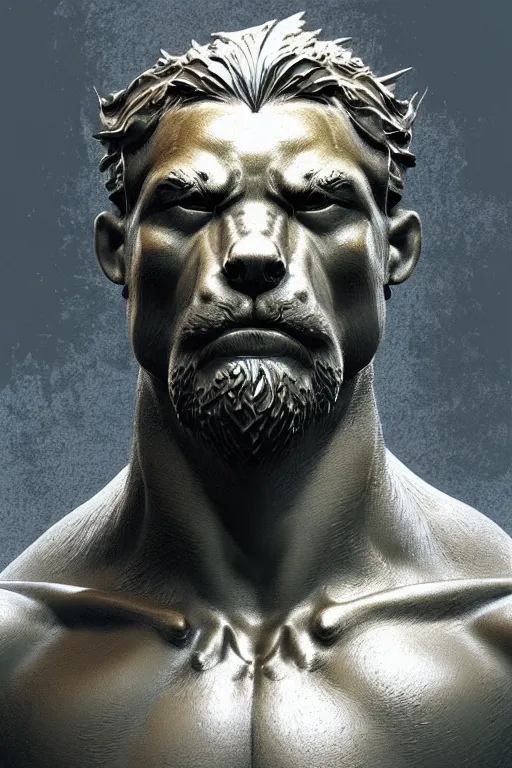 Image similar to portrait of dog as god by greg ruthkowski and craig mullins, norse statue, gorgeous, amazing, flowing hair, muscular, very muscular male body, intricate, highly detailed, 8 k, digital painting