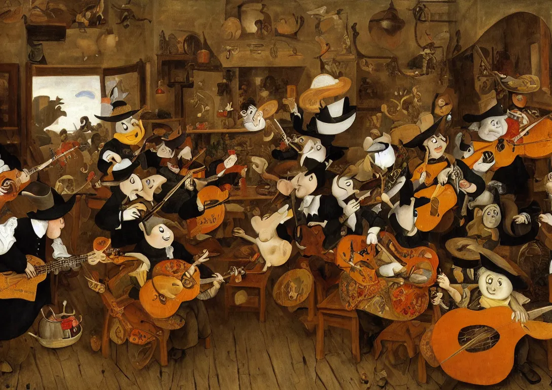 Prompt: Jan Steen. The Moomins playing mariachi. Mexican tavern, low ceiling, small chamber. Hyperrealistic, ultra detailed, 80mm, museum, artwork. Empty. Daylight.