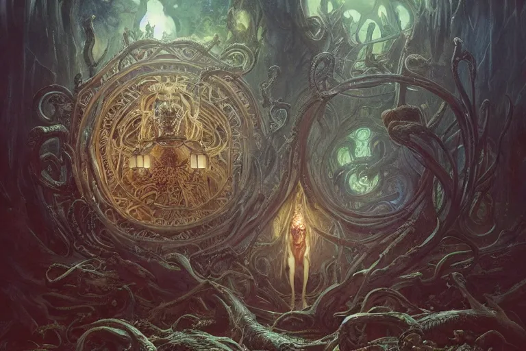 Image similar to a lovecraftian painting of a demonic shrine, occult, unholy ritual, cosmic horror elements, ultra realistic, concept art, intricate details, eerie, highly detailed, photorealistic, octane render, 8 k, unreal engine. art by artgerm and greg rutkowski and alphonse mucha