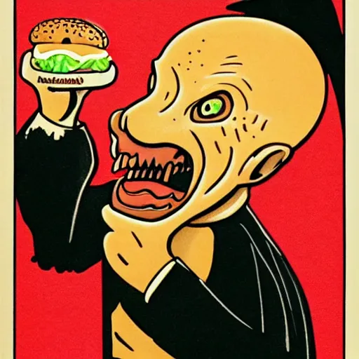 Image similar to nosferatu biting into a mcdonald's burger, advertisement