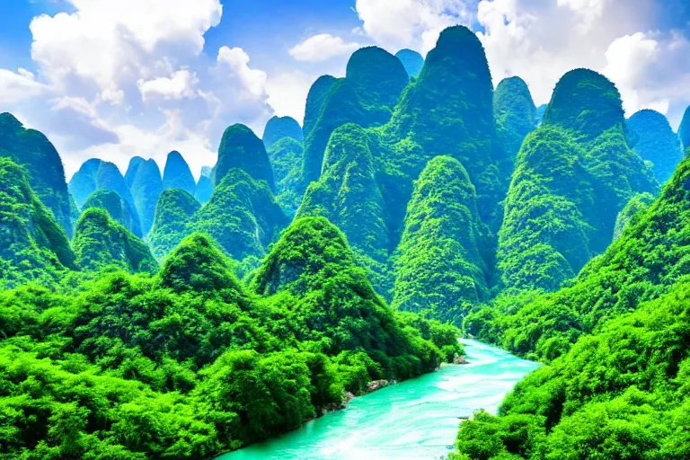 Image similar to wide, lush scenic landscape, grand majestic mountains, valley, river, karst chinese limestone mountains, blue sky, white clouds, professional photography, realistic, highly detailed, 8 k