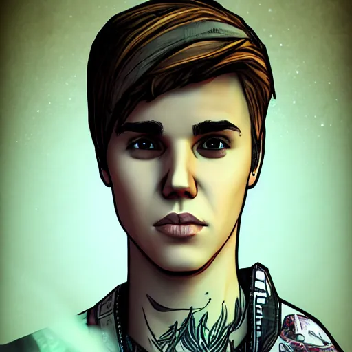 Image similar to justin bieber portrait, borderlands, tales from the borderlands, the wolf among us, comic, cinematic lighting, studio quality, 8 k