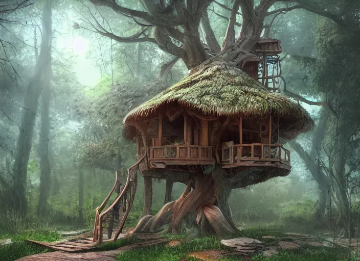 Prompt: detailed full body concept art illustration pastel painting of a treehouse, ultra detailed, digital art, octane render, dystopian, micro detail 4k