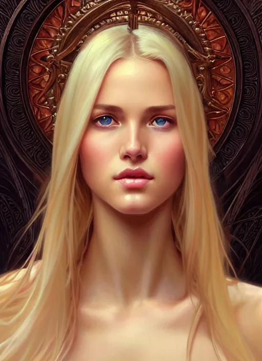 Image similar to face of feminine perfection!! concept art portrait of young wife blessed by god with ever - increasing physical mental perfection, blonde, symmetrical! intricate, sensual features, highly detailed, biblical!! holy perfection!! digital painting, artstation, smooth, sharp focus, illustration, art by artgerm and greg rutkowski and alphonse mucha